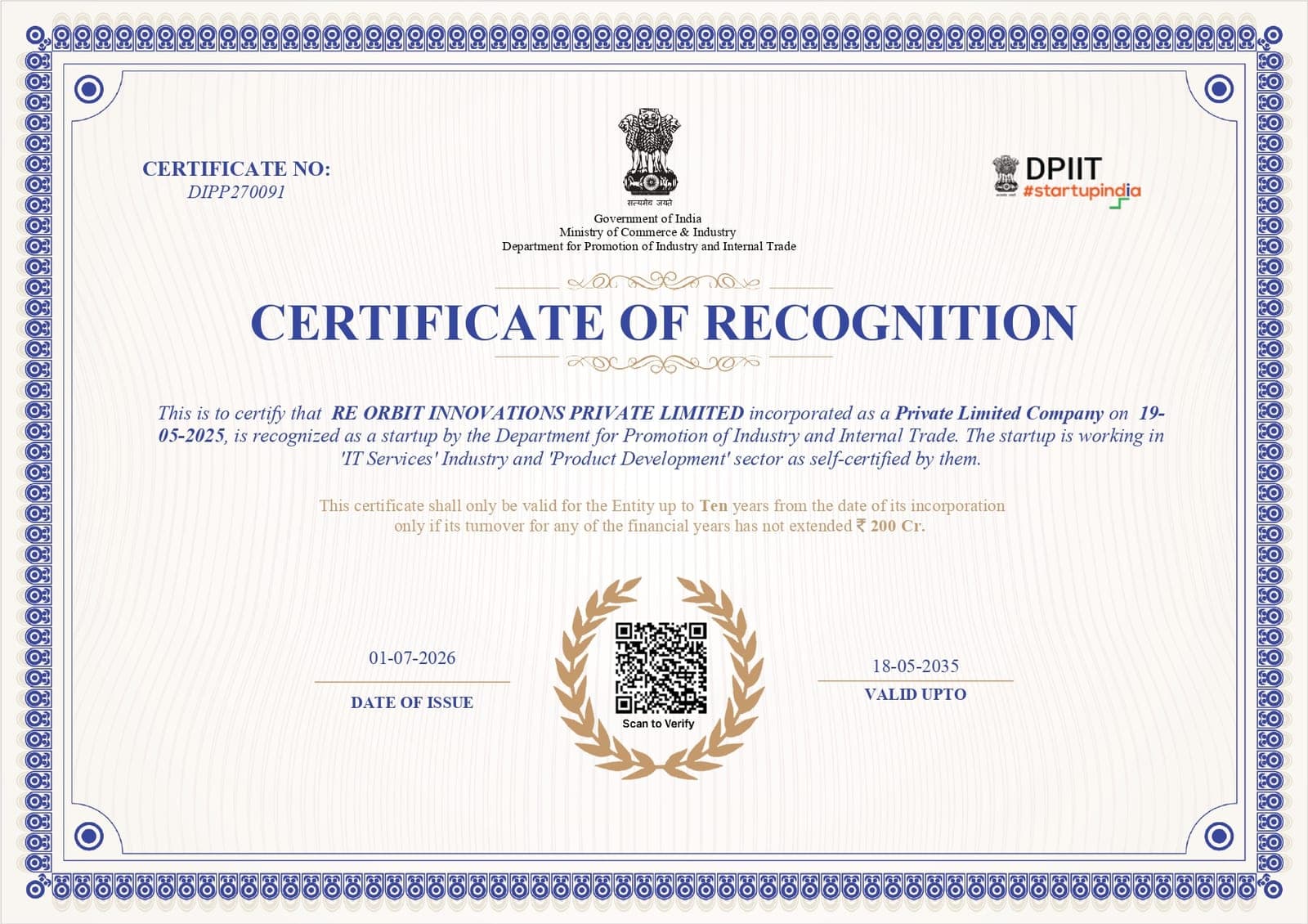 DPIIT Certificate of Recognition issued to RE Orbit Innovations Private Limited, certificate number DIPP270091